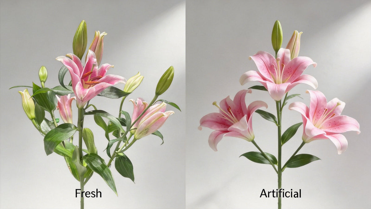 Fresh lilies and artificial lilies side-by-side comparison