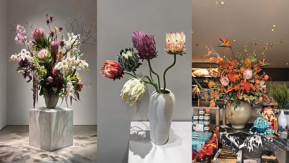 Three artificial king protea arrangement styles shown side by side