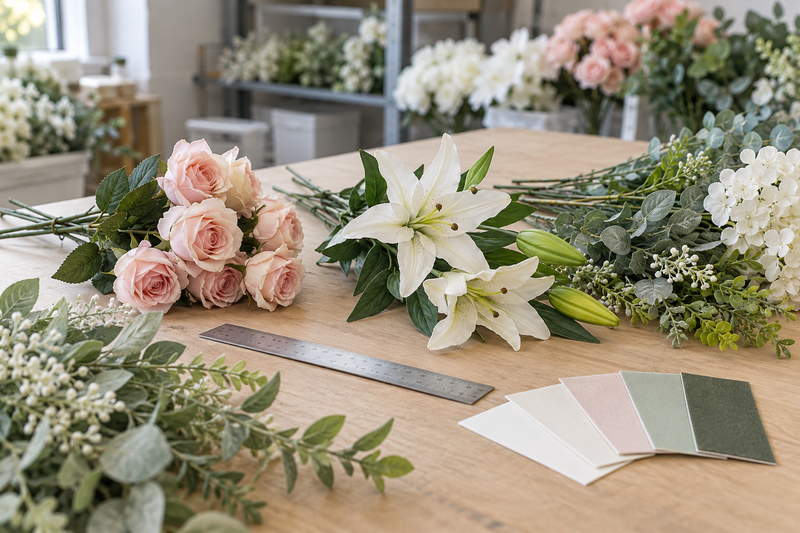 Illustrative AI-generated image of artificial flower stems and sample swatches being reviewed on a florist's worktable