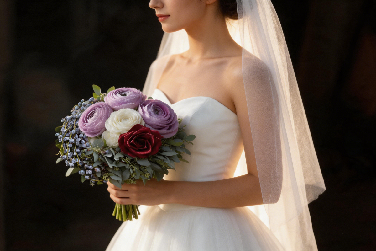 Bride holding an artificial wedding bouquet with a burgundy rose, purple and white ranunculus, eucalyptus, and blue berries