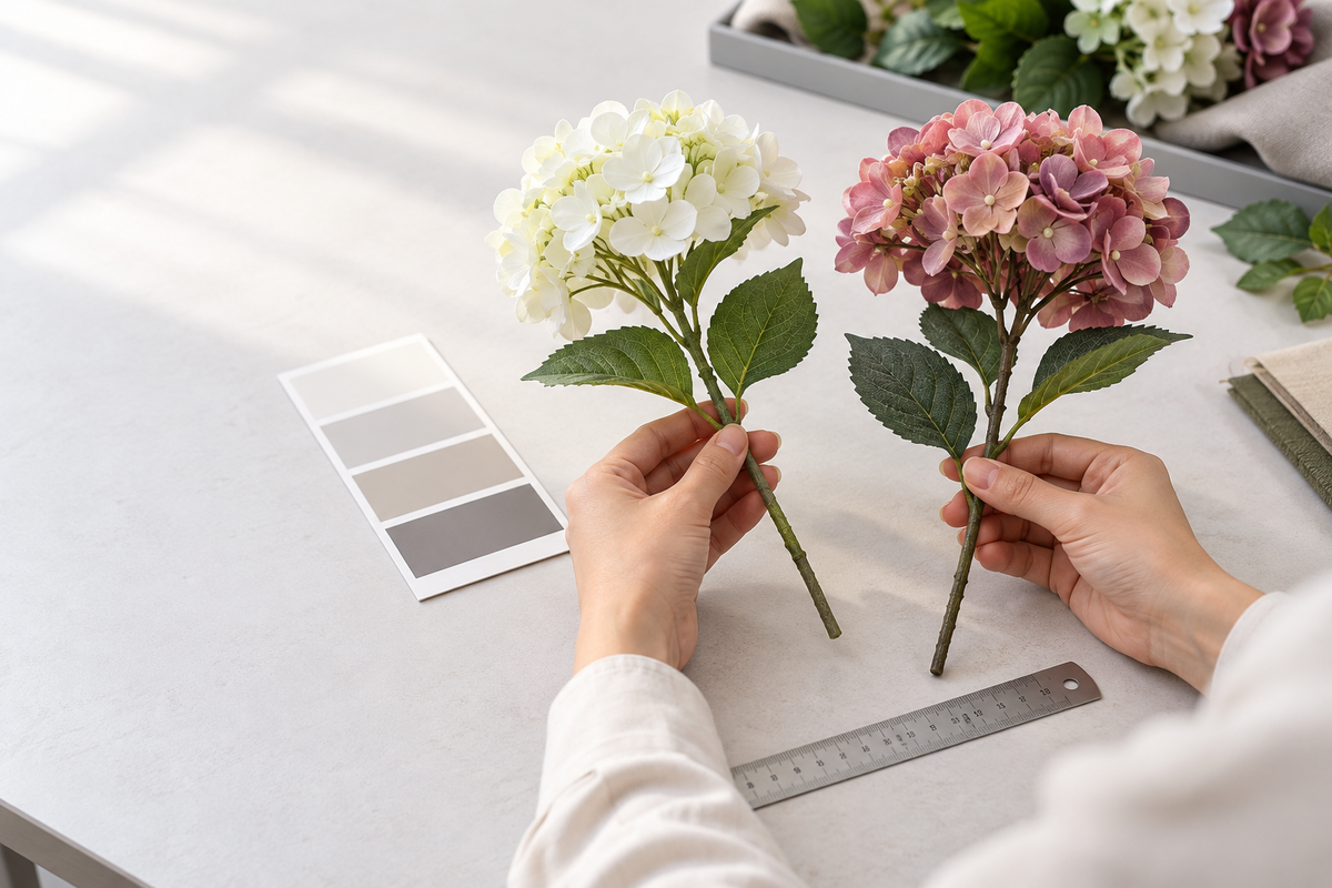 
Illustrative sample comparison: a buyer checks artificial flower stems, color reference, and length before requesting an outdoor-use quote.
