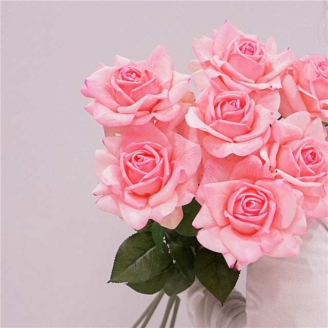 Real Touch Pink Artificial Roses Single Stem Faux Rose for Home Wedding