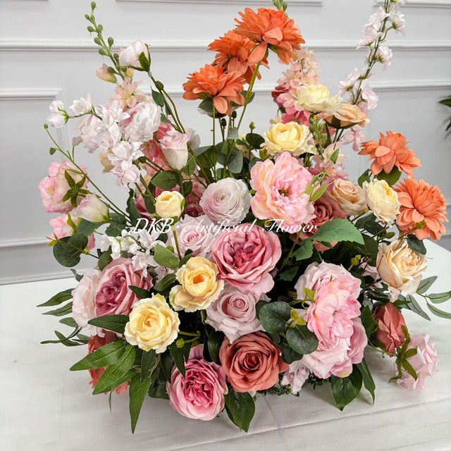 Vibrant Artificial Silk Flower Bouquet Pink and Orange Rose Peony Dahlia