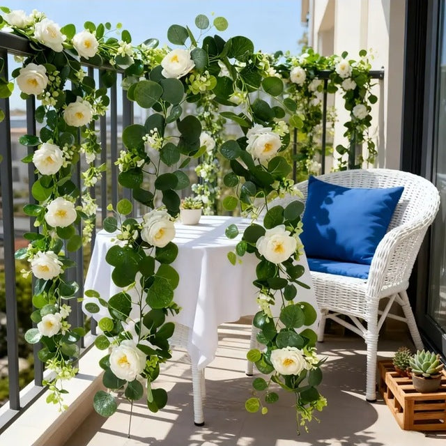 Luckygoods Faux Silver Dollar Eucalyptus Hanging Vine with White Gypsophila