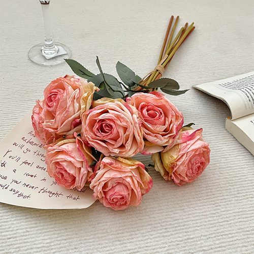 FSARCAN 7-Bloom Antique-Edge Rose Bouquet — Light Pink